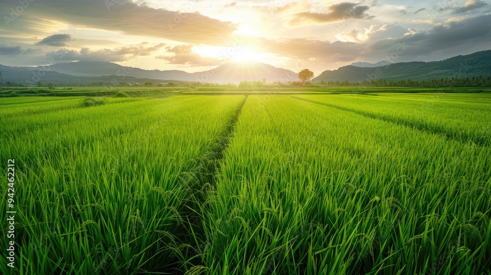 Rice plants growing in green fields Rice plants growing in green fields
