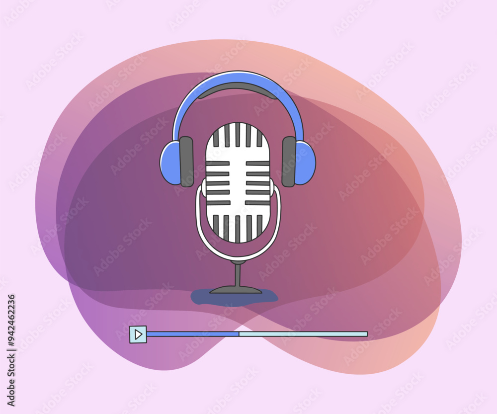 Huge microphone and headset flat vector illustration. Radio podcast symbol. Broadcasting and modern technology concept