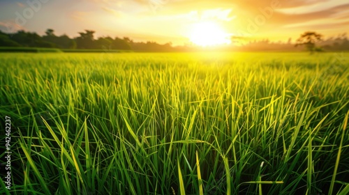 Rice plants growing in green fields