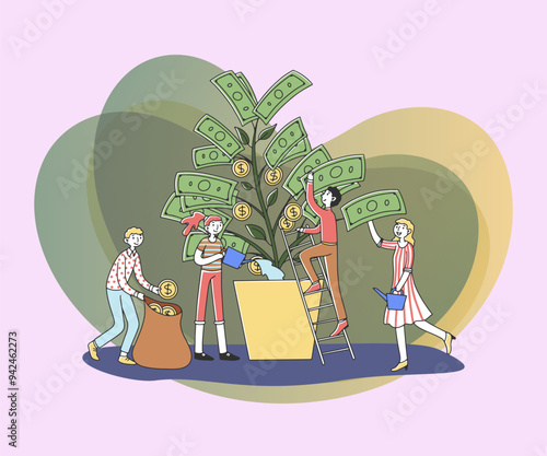 People growing money tree flat vector illustration. Cartoon character investing finance for revenue and growth. Financial wealth and prosperity concept