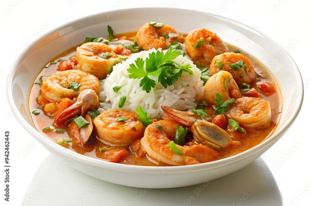 A bowl of flavorful shrimp curry, cooked to perfection with fresh ingredients, served with a side of fluffy white rice. The dish is a symbol of deliciousness, comfort food, cultural cuisine, culinary A bowl of flavorful shrimp curry, cooked to perfection with fresh ingredients, served with a side of fluffy white rice. The dish is a symbol of deliciousness, comfort food, cultural cuisine, culinary