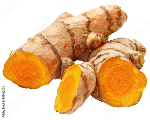 Fresh turmeric root with vibrant orange flesh, commonly used in cooking and health remedies.