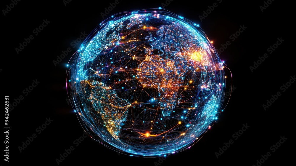 Global Network Connections   Earth Globe with Digital Lines and Light