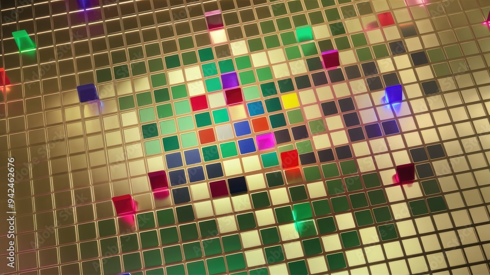 Fototapeta premium Abstract gold mosaic background featuring multicolored LED squares. Digital technology-inspired pixel grid in vibrant hues. Bright 3D-rendered square pattern.
