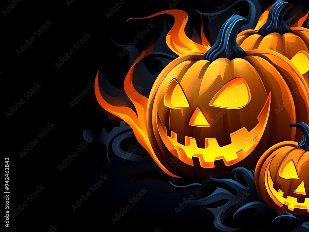 Spooky Halloween pumpkins with glowing faces surrounded by flames in a dark background, perfect for festive celebrations. Spooky Halloween pumpkins with glowing faces surrounded by flames in a dark background, perfect for festive celebrations.