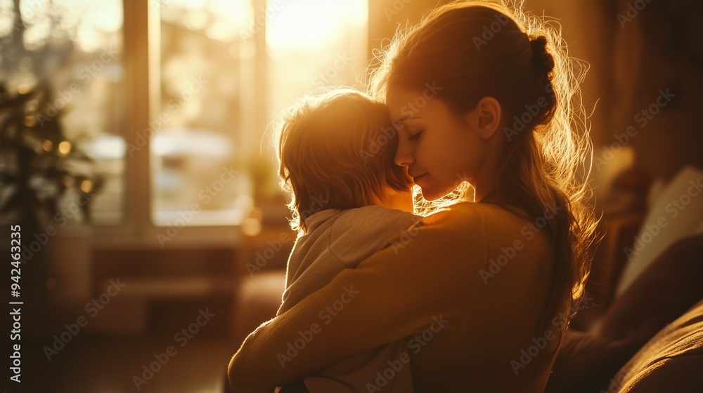 Mom gently hugs her baby. Mother and child. Mother's Day. Mom gently hugs her baby. Mother and child. Mother's Day.