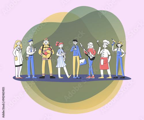 Set of professional characters flat vector illustration. Different occupations people standing in line. Group of man and woman with various careers. Business, job and work concept.