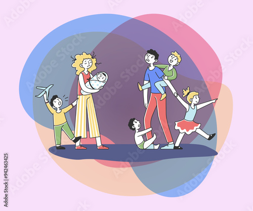 Tired young family with many children flat vector illustration. Father and mother exhausted under life routine. Kids playing up. Big family and lifestyle concept