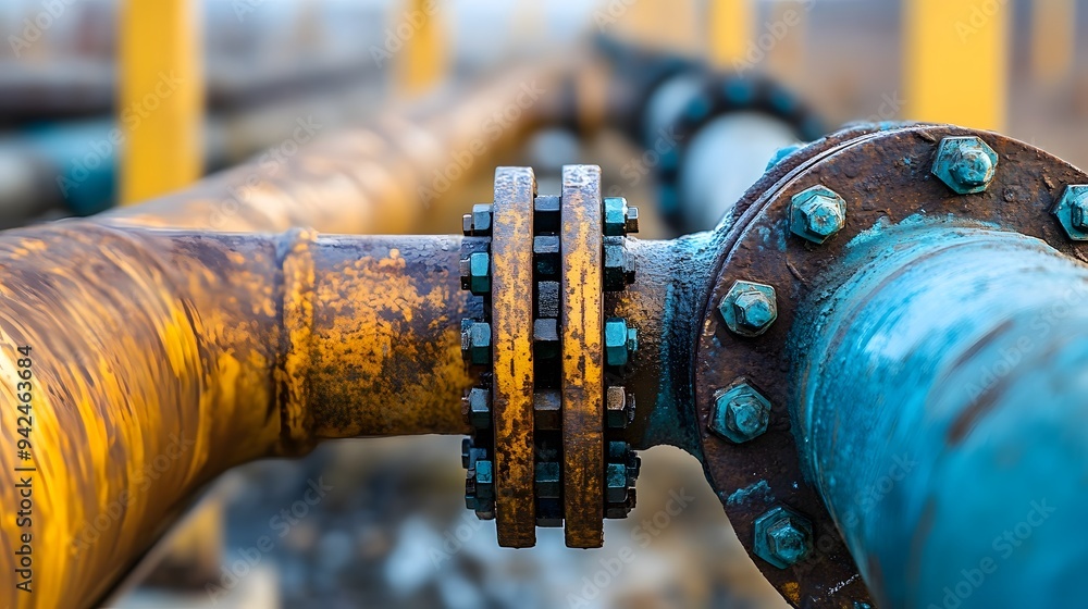 A yellow pipe with a bolt on it. The pipe is bent and twisted A yellow pipe with a bolt on it. The pipe is bent and twisted