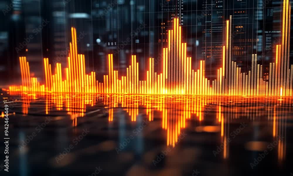 Abstract futuristic cityscape with glowing digital equalizer bars. Abstract futuristic cityscape with glowing digital equalizer bars.
