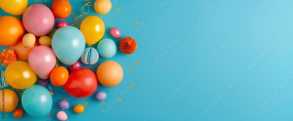 Colorful Balloons and Confetti on Blue Background Colorful Balloons and Confetti on Blue Background