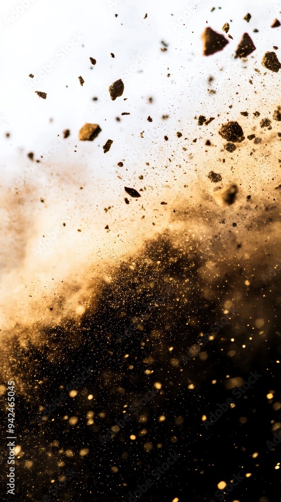 Dynamic Explosion of Earthy Particles in Mid-Air Against a Bright Sky Dynamic Explosion of Earthy Particles in Mid-Air Against a Bright Sky