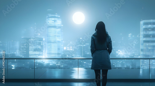 A woman stands on a rooftop...