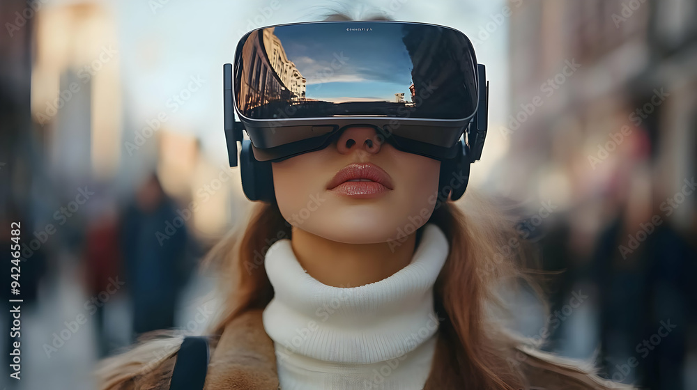 A woman wearing a VR headset, looking up, while standing in a city. A woman wearing a VR headset, looking up, while standing in a city.