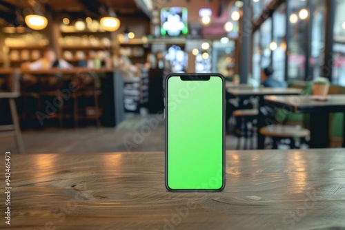 Wallpaper Mural Mockup image of smartphone with blank green screen on wooden table in cafe or co-working Torontodigital.ca