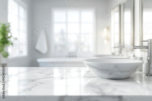 White luxury marble tabletop with copy space over blurred white elegance bathroom background with generative ai