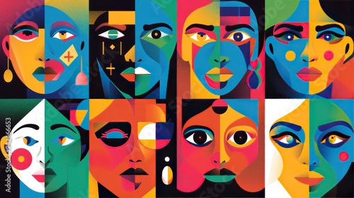 Colorful collage of abstract face illustrations. Geometric and bold shapes are used, creating a mosaic-like artwork with a focus on individuality and diversity