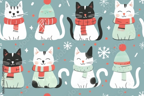 Cute cartoon cats of different breeds and Christmas decorations, hat, sweater, snowflakes . cat on winter holidays. Seamless pattern