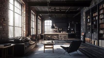 Tableau sur toile  Living room loft in industrial style, beautiful 3d render  © Harjo
