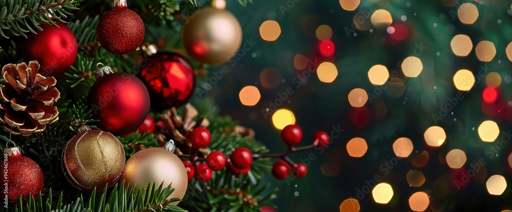 Festive Christmas Tree Ornaments with Bokeh Lights Festive Christmas Tree Ornaments with Bokeh Lights
