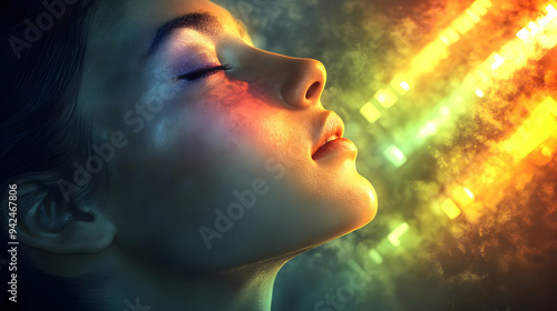 A woman's face illuminated ...
