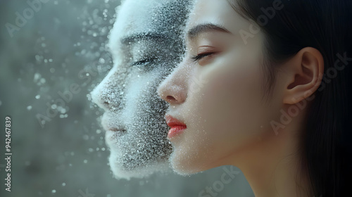 A woman's face is half cove...