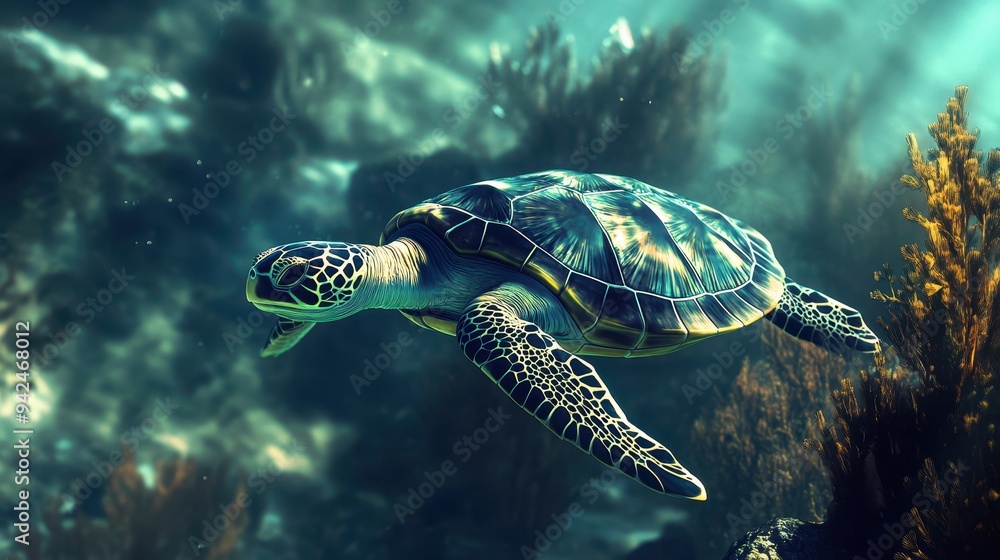 Fototapeta premium Green Sea Turtle Swimming Underwater with Coral Reef