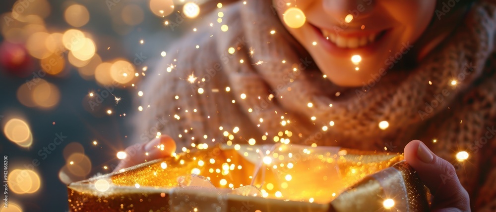 Joyful girl unwrapping a gleaming Christmas gift, radiant light and sparkling magic bursting forth from the box, embodying the spirit of holiday surprise and delight Joyful girl unwrapping a gleaming Christmas gift, radiant light and sparkling magic bursting forth from the box, embodying the spirit of holiday surprise and delight