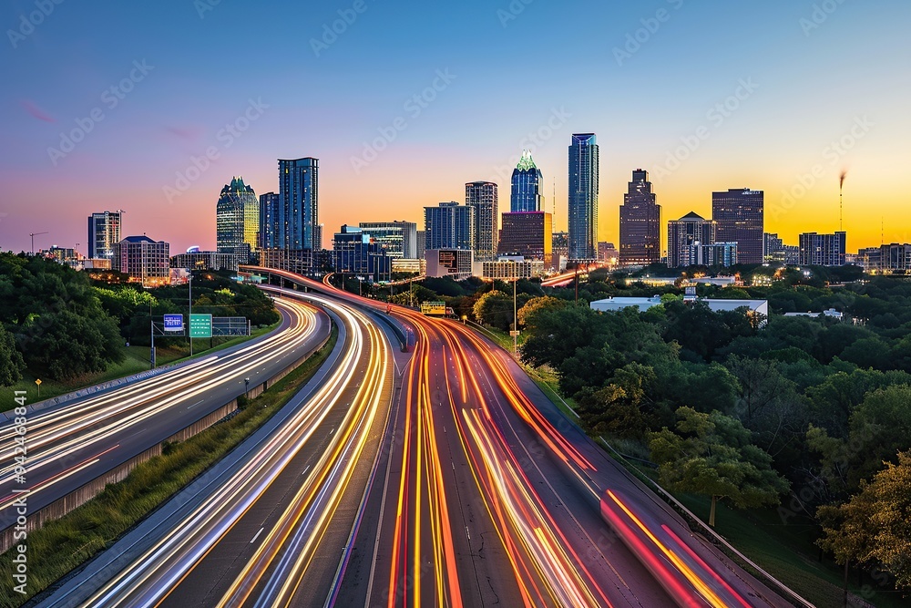A panoramic view of the Texas city skyline at dusk, with streaks of light from cars and buildings A panoramic view of the Texas city skyline at dusk, with streaks of light from cars and buildings
