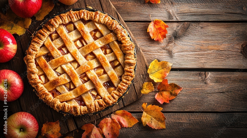 Apple pie decorated with lattice overhead shot, fall baking concept Apple pie decorated with lattice overhead shot, fall baking concept