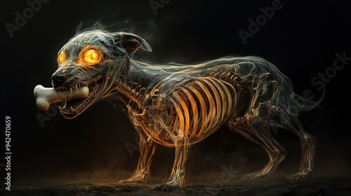 Charming Dog with Ghost Skull Emerging from Its Body, Holding a Bone in Its Mouth, Featuring a Mischievous Expression, Glowing Eyes, and a Transparent Body Revealing Intricate Bone and Fur Details