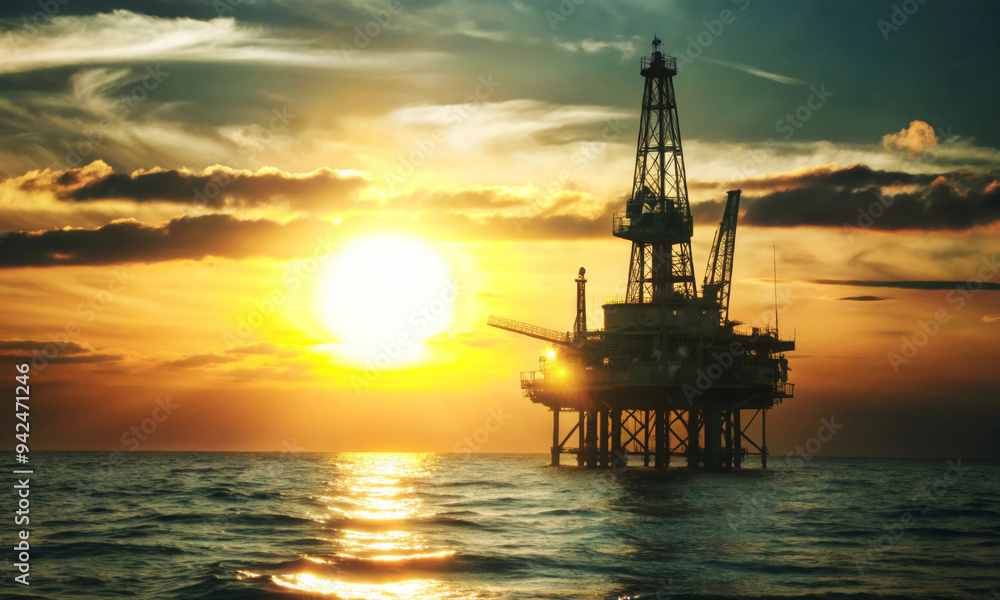 A landscape with a large setting sun. Oil and gas production in the ocean A landscape with a large setting sun. Oil and gas production in the ocean