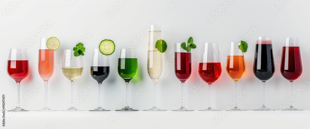 Variety of Colorful Cocktails in Wine Glasses with Garnishes Variety of Colorful Cocktails in Wine Glasses with Garnishes
