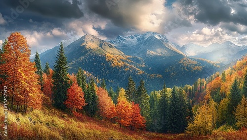 A panoramic view of the Carpathian Mountains during autumn, with colorful foliage and dense forests