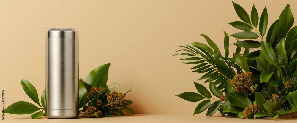 Minimalist Product Mockup with Tropical Leaves and Beige Background Minimalist Product Mockup with Tropical Leaves and Beige Background