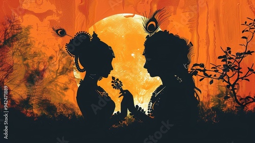 Silhouette of Krishna and Radha in Front of a Full Moon