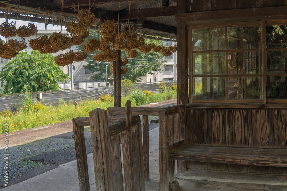 Fototapeta premium ドライフラワーが下がる上神梅駅の改札口【わたらせ渓谷鐡道】日本群馬県・8月