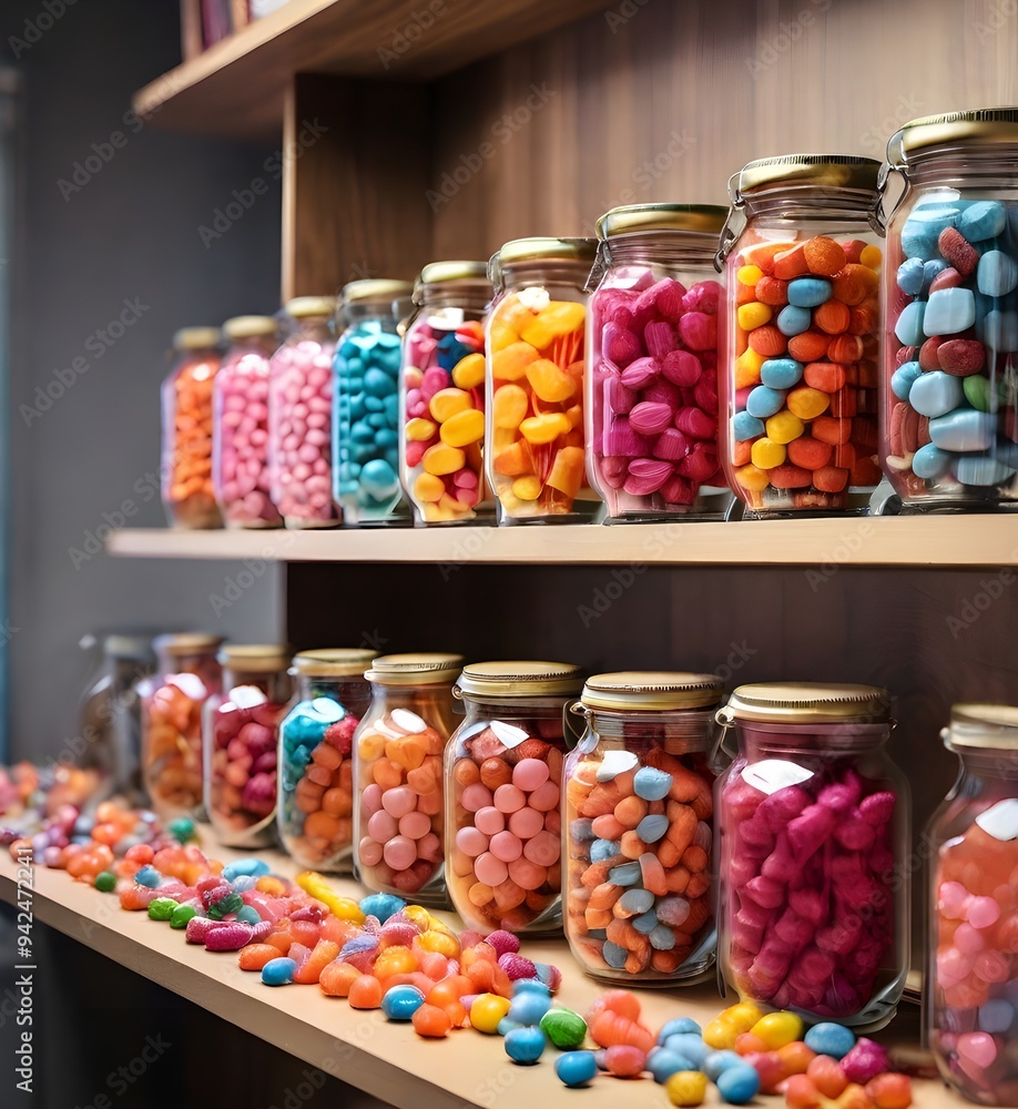 Variety of colorful candies in glass jars on a shelf Variety of colorful candies in glass jars on a shelf