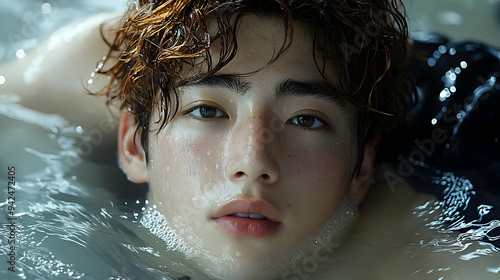 A young man with wet hair a...