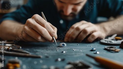 The Craftsman's Touch: A close-up shot of a skilled artisan's hands meticulously crafting a delicate piece of jewelry. This image captures the precision, focus