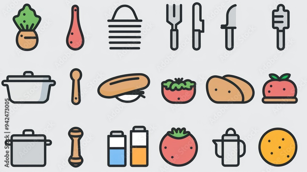 Colorful kitchen utensils and food icons. Colorful kitchen utensils and food icons.