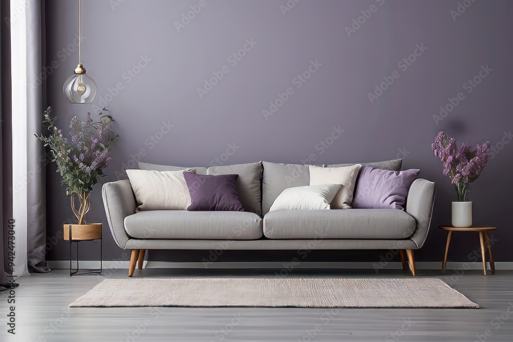Grey Sofa with Pillows and Flowers in a Purple Room Grey Sofa with Pillows and Flowers in a Purple Room
