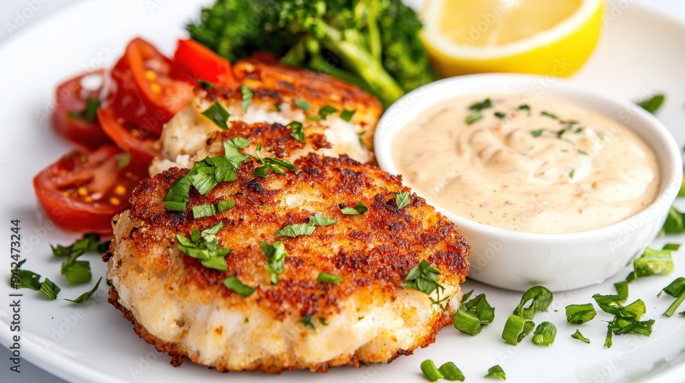 Crispy Fried Crab Cakes with Lemon Tomato and Creamy Sauce Crispy Fried Crab Cakes with Lemon Tomato and Creamy Sauce
