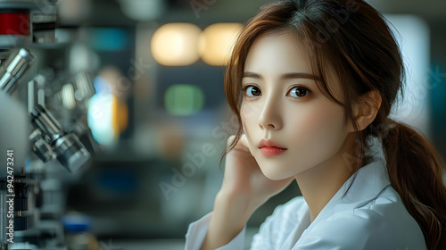 A young woman in a lab coat...