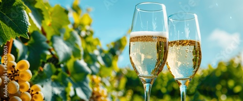 Two Glasses of Sparkling Wine in a Vineyard