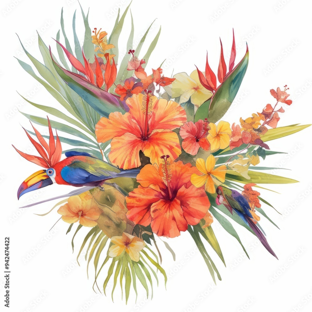watercolor painting of a bold bouquet of tropical hibiscus and birds of paradise, on isolated white background watercolor painting of a bold bouquet of tropical hibiscus and birds of paradise, on isolated white background