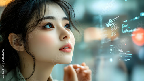 A young woman stares intent...