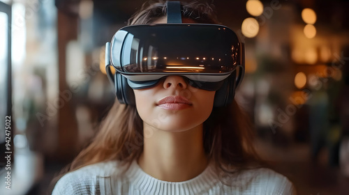 A young woman wearing a VR ...