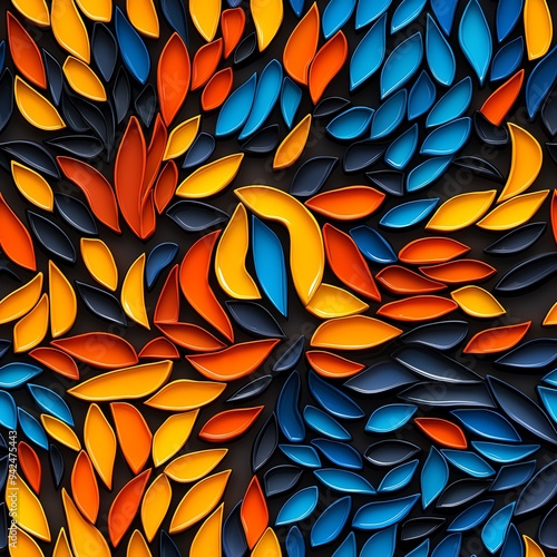 Wallpaper Mural Vibrant abstract pattern featuring layered leaves in orange, blue, and black hues, perfect for modern design and decor. Torontodigital.ca