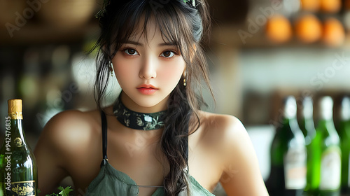 A young woman with long bla...